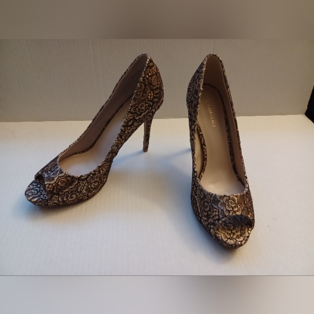 New Gold & Black Floral Heels - Size 9